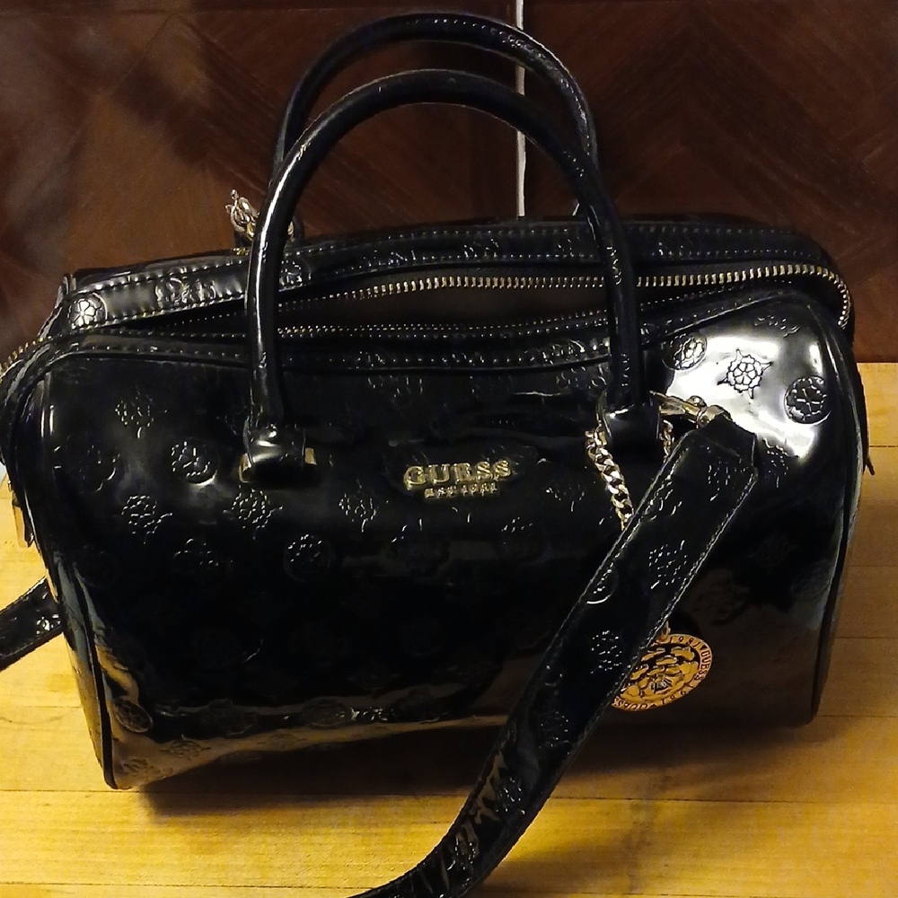 Guess Glossy Black Embossed Satchel